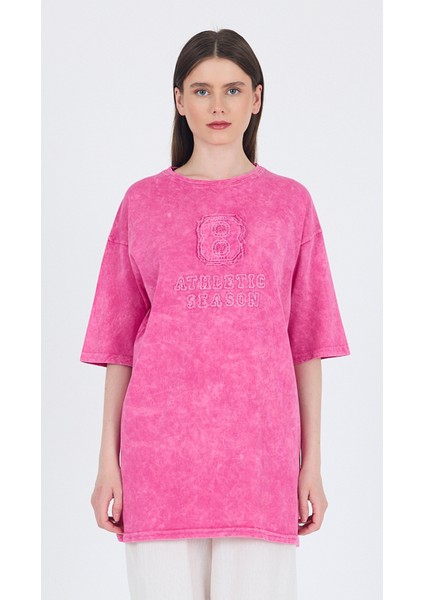 Fuşya Yazı Nakışlı Oversize Tişört 253017