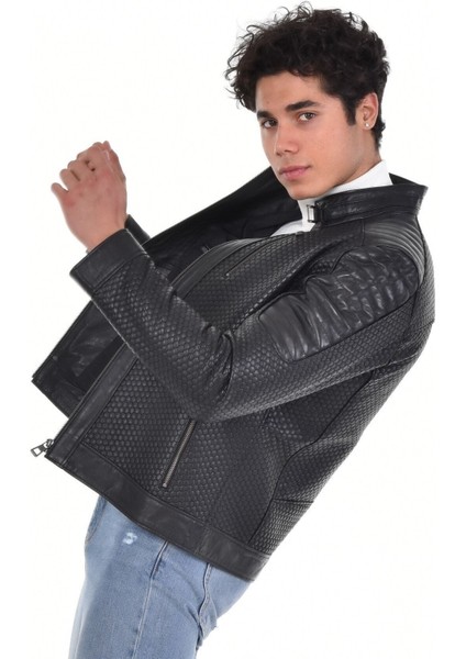 Hakiki Deri Siyah Erkek Deri Mont Petek Desenli Üç Cepli Deri Ceket