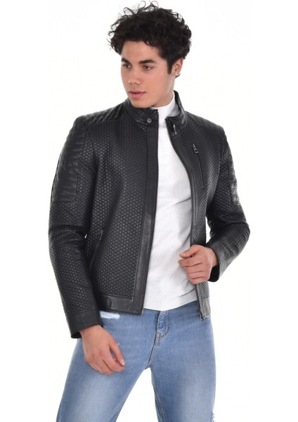 Hakiki Deri Siyah Erkek Deri Mont Petek Desenli Üç Cepli Deri Ceket fiyatları