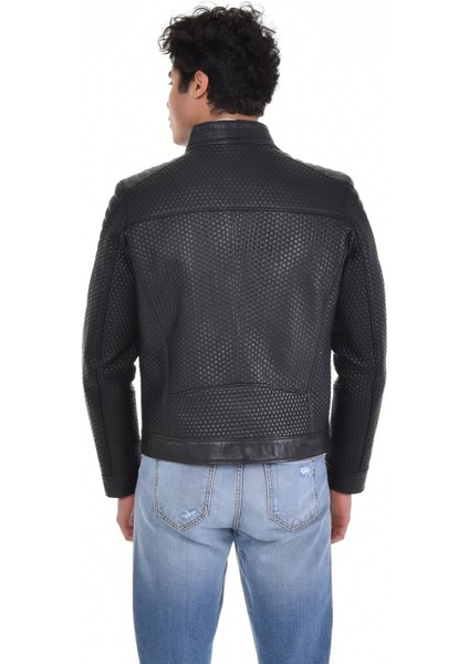 Hakiki Deri Siyah Erkek Deri Mont Petek Desenli Üç Cepli Deri Ceket modelleri