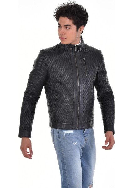 Hakiki Deri Siyah Erkek Deri Mont Petek Desenli Üç Cepli Deri Ceket fırsatları