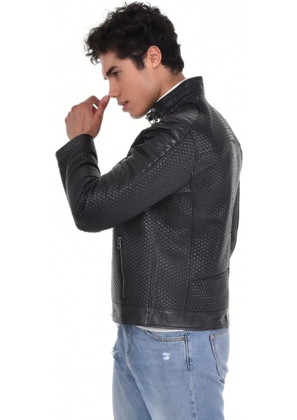 Hakiki Deri Siyah Erkek Deri Mont Petek Desenli Üç Cepli Deri Ceket indirimleri