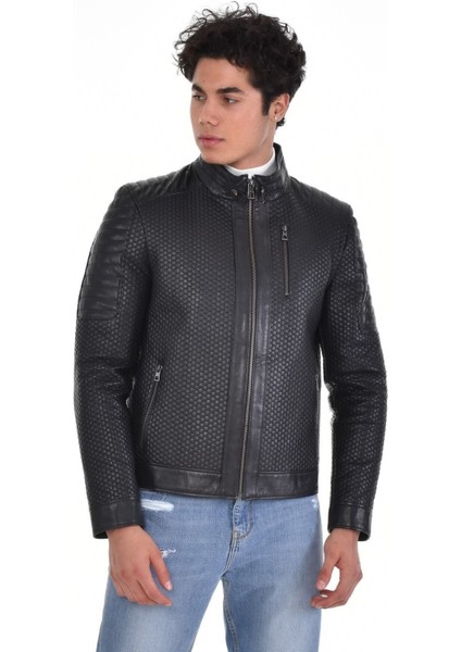 Hakiki Deri Siyah Erkek Deri Mont Petek Desenli Üç Cepli Deri Ceket