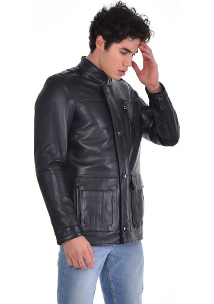 Hakiki Deri Siyah Erkek Deri Mont Kapaklı Çift Cepli Deri Ceket fırsatları