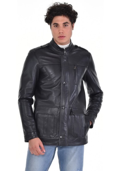 Hakiki Deri Siyah Erkek Deri Mont Kapaklı Çift Cepli Deri Ceket
