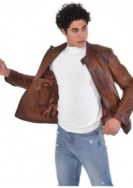 Hakiki Deri Kahverengi Oscar Hakim Yaka Erkek Deri Ceket modelleri