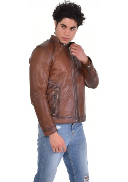 Hakiki Deri Kahverengi Oscar Hakim Yaka Erkek Deri Ceket