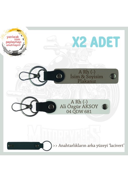 Motorcuya Isim Plaka ve A Rh (-) Kan Grubu Yazılı Anlamlı Hediye X2 Anahtarlık, Kül Gri-Beyaz-Laci