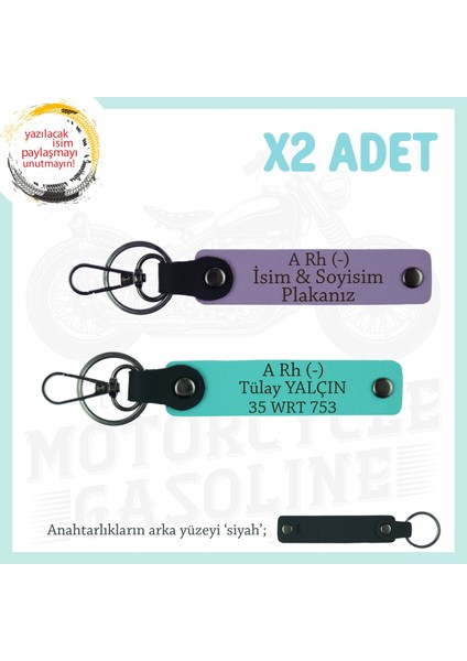 Motosiklet Aşıklarına, Isim Plaka ve A Rh (-) Kan Grubu, Acil Durum X2 Anahtarlık, Mor-Turkuaz-Syh