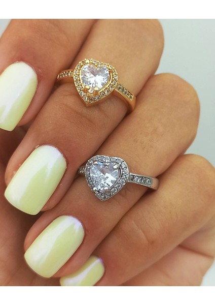 Gold Renk Taşlı Kalp Yüzük