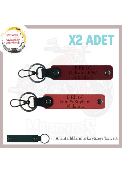 Motorcu Tarzına Özel, Isim Plaka ve B Rh (+) Kan Grubu Yazılı Anahtarlığı, Nar Çiçeği-Bordo-Laci