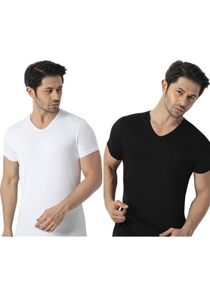 2'li Paket Bambu Kısa Kollu V Yaka Fanila Atlet