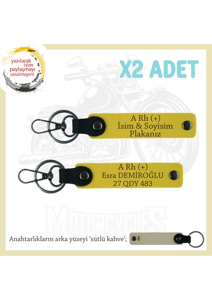 Biker Tarzına Uygun Isim Plaka, A Rh (+) Kan Grubu Yazılı Özel Anlamlı Hediye X2 Anahtarlık, Sarı-Sk