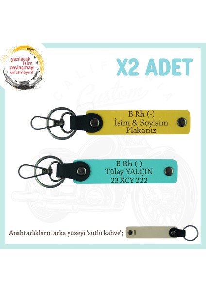 Motor Severlere, Isim Plaka ve B Rh (-) Kan Grubu Yazılı Özel Tasarım X2 Anahtarlık, Sarı-Turkuaz-Sk
