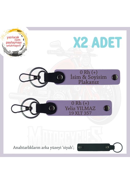 Motor Tutkunlarına, Isim Plaka ve 0+ Kan Grubu Yazılı Özel Üretim 2'li Anahtarlık, Armağan, Mor-Syh