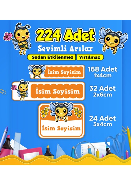 Sevimli Arı Temalı Okul Kreş Kişiye Özel Isim Etiket Seti - Model 445