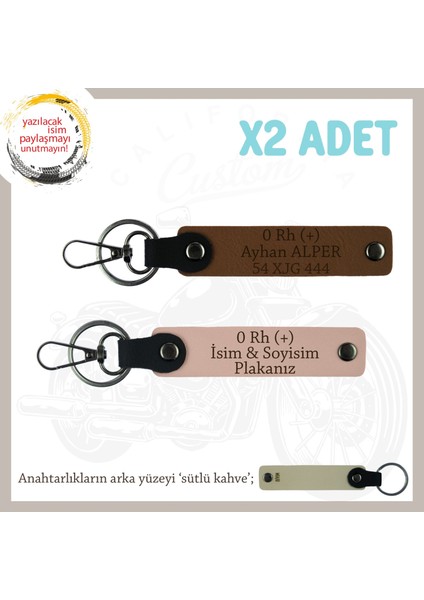 Motorcu Tarzına Özel, Isim Plaka ve 0 Rh (+) Kan Grubu Işlenmiş 2'li Anahtarlık, Yavruağzı-Kahve-Sk
