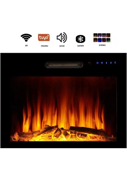 Dekoratif 70 cm 8 Renkli, Alev Sesli, Bluetoothlu, Wifili Elektrikli Şömine Isıtıcı