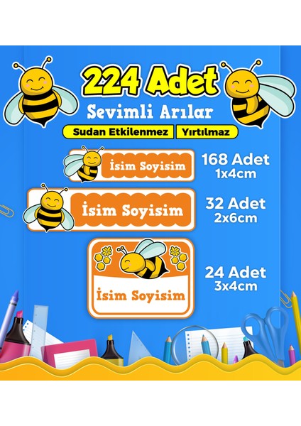 Sevimli Arı Temalı Okul Kreş Kişiye Özel Isim Etiket Seti - Model 449