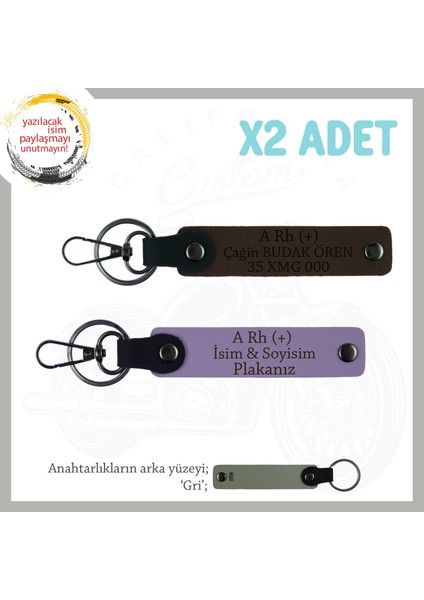 Motorcu Dostlar Için Isim Plaka ve A Rh (+) Kan Grubu, Güvenli Sürüş X2 Anahtarlık, Mor-K Kahve-Gr