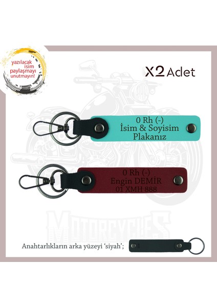 Motor Tutkunlarına Özel Isim Plaka, 0- Kan Grubu Yazılı Özel Üretim X2 Anahtarlık, Turkuaz-Bordo-Syh