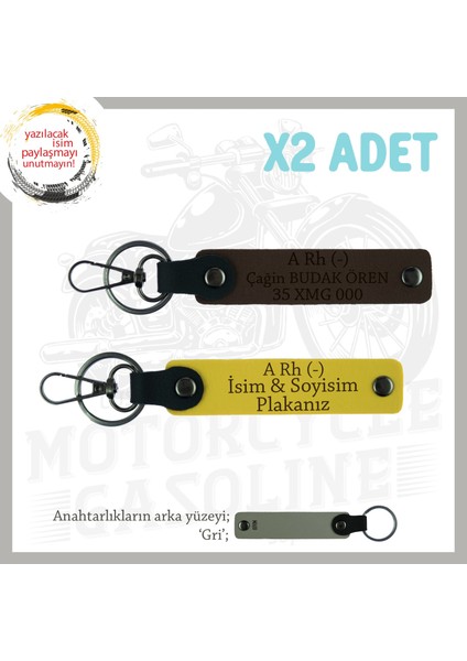 Motorcu Dostlara Özel Isim Plaka, A Rh (-) Kan Grubu Yazılı Hediyelik X2 Anahtarlık, Sarı-K Kahve-Gr