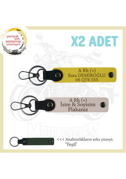 Biker Dostlarına Özel, Isim Plaka ve A Rh (+) Kan Grubu Hediyelik Deri X2 Anahtarlık, Pudra-Sarı-Ysl