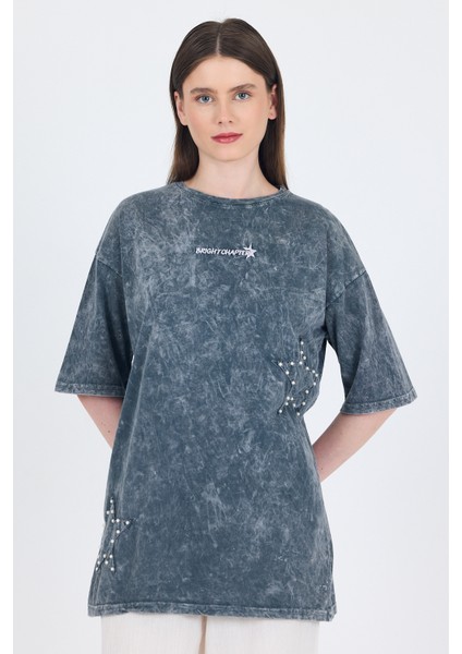 Füme Inci Yıldız Nakışlı Oversize Tişört 253018