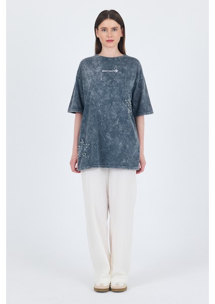 Füme Inci Yıldız Nakışlı Oversize Tişört 253018 fırsatları