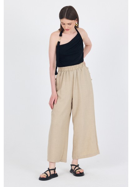 Bej Keten Dokulu Pamuklu Yan Detaylı Bol Paça Pantolon 4820A