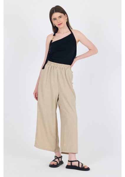 Bej Keten Dokulu Pamuklu Yan Detaylı Bol Paça Pantolon 4820A fiyatları