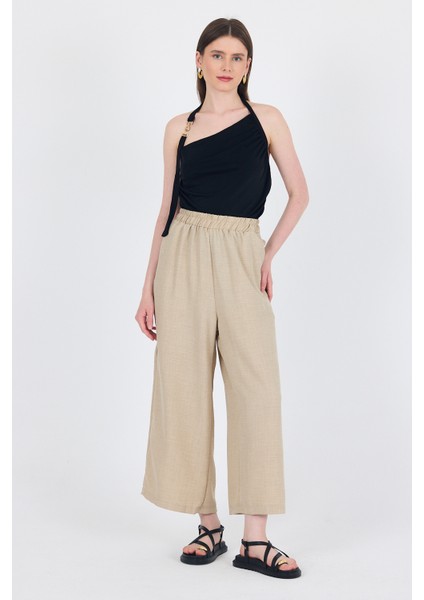 Bej Keten Dokulu Pamuklu Yan Detaylı Bol Paça Pantolon 4820A modelleri