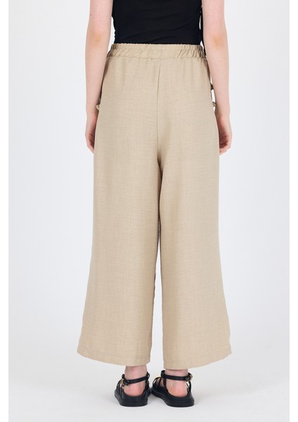 Bej Keten Dokulu Pamuklu Yan Detaylı Bol Paça Pantolon 4820A indirimleri