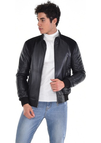 Hakiki Deri Siyah Erkek Deri Mont Kollar ve Belden Lastikli Çift Fermuarlı Yandan Cepli Deri Ceket