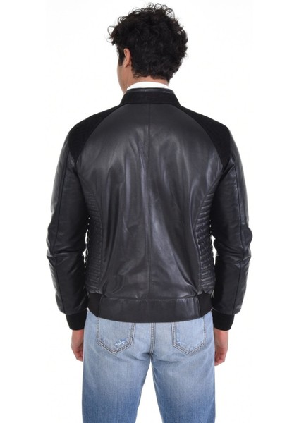 Hakiki Deri Siyah Erkek Deri Mont Kollar ve Belden Lastikli Çift Fermuarlı Yandan Cepli Deri Ceket fiyatları