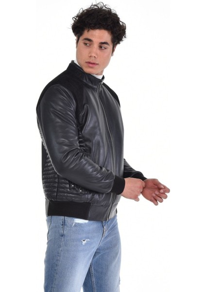 Hakiki Deri Siyah Erkek Deri Mont Kollar ve Belden Lastikli Çift Fermuarlı Yandan Cepli Deri Ceket fırsatları