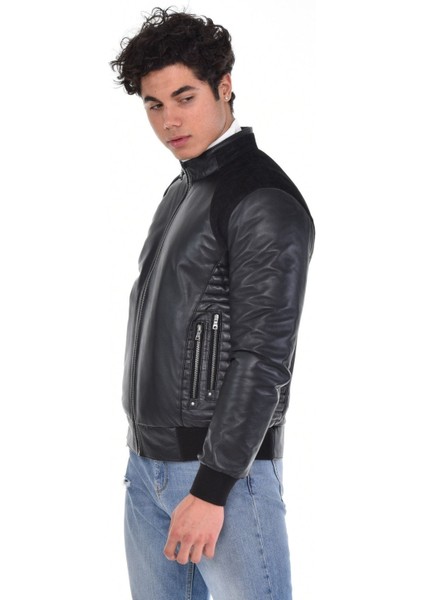 Hakiki Deri Siyah Erkek Deri Mont Kollar ve Belden Lastikli Çift Fermuarlı Yandan Cepli Deri Ceket indirimleri