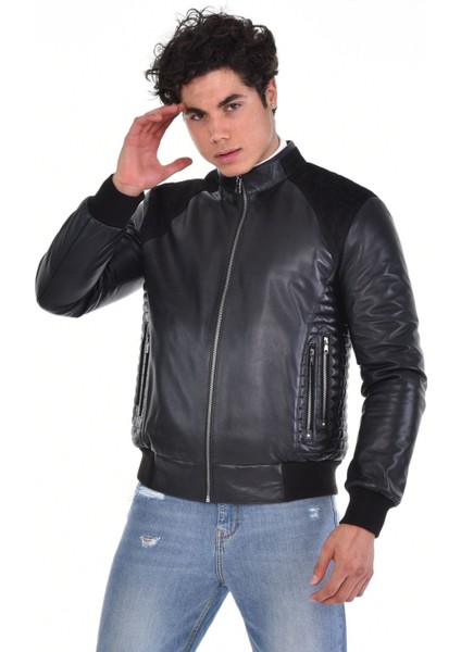 Hakiki Deri Siyah Erkek Deri Mont Kollar ve Belden Lastikli Çift Fermuarlı Yandan Cepli Deri Ceket