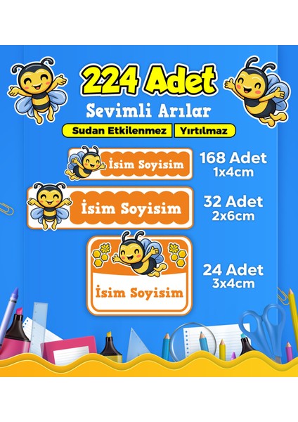 Sevimli Arı Temalı Okul Kreş Kişiye Özel Isim Etiket Seti - Model 443