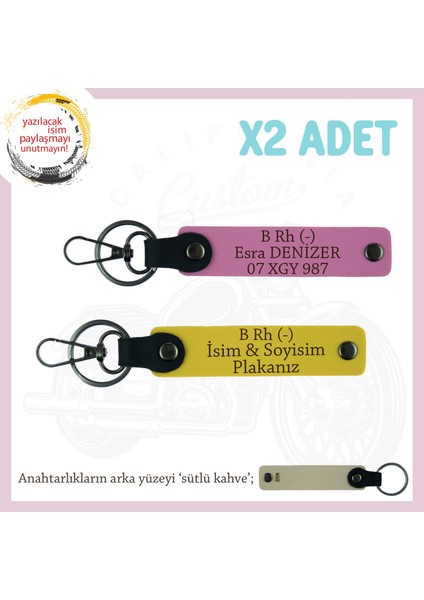 Motosikletçiye Hediye, Isim Plaka, B Rh (-) Kan Grubu Yazılı Acil Durum X2 Anahtarlık, Sarı-Pembe-Sk