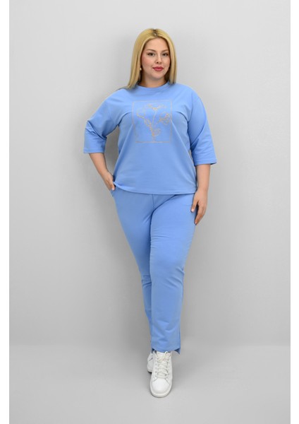 Kadın Büyük Beden Kısa Kollu Çiçek Işlemeli Eşofman Takımı 8199-25