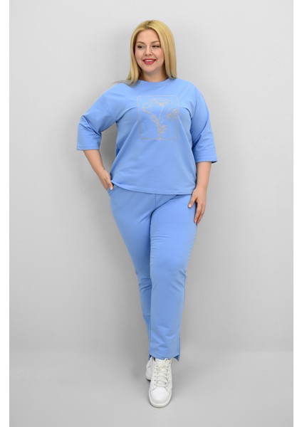 Kadın Büyük Beden Kısa Kollu Çiçek Işlemeli Eşofman Takımı 8199-25 fiyatları