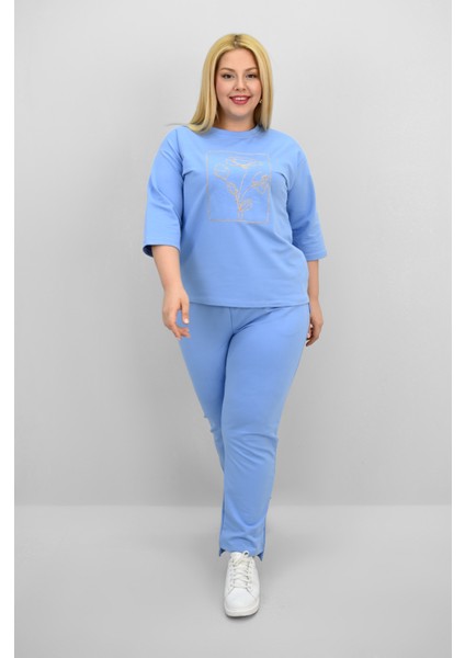 Kadın Büyük Beden Kısa Kollu Çiçek Işlemeli Eşofman Takımı 8199-25 modelleri