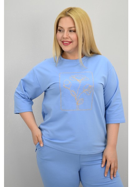 Kadın Büyük Beden Kısa Kollu Çiçek Işlemeli Eşofman Takımı 8199-25 indirimleri