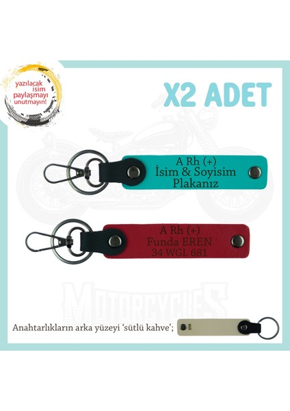 Motorcu Tarzına Özel, Isim Plaka ve A Rh (+) Kan Grubu Yazılı X2 Anahtarlık, Kırmızı-K Turkuaz-Sk