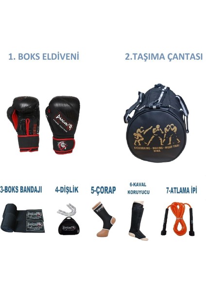 Gifttoom, Kıck Boks Sporcu Çantalı Antrenman Seti, Dragon Supreme Deri Boks Eldiveni ve Ekipmanı