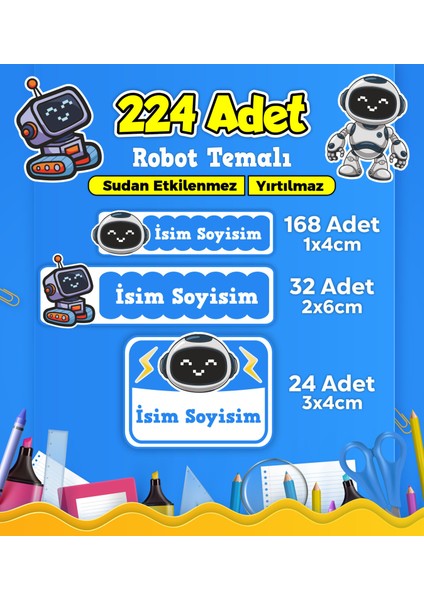 Robot Temalı Okul Kreş Kişiye Özel Isim Etiket Seti - Model 440