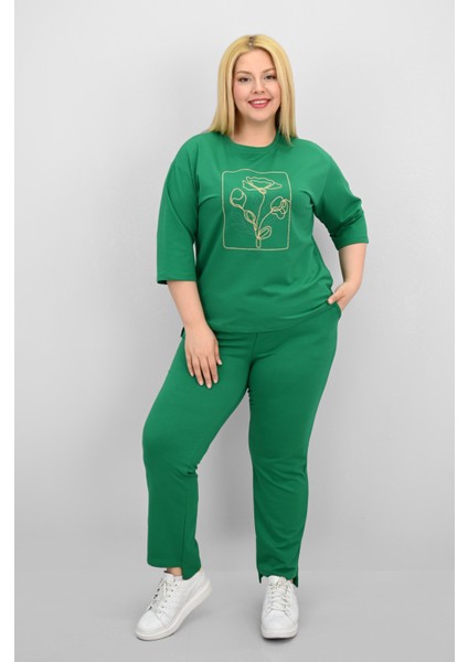 Kadın Büyük Beden Kısa Kollu Çiçek Işlemeli Eşofman Takımı 8199-25 fırsatları