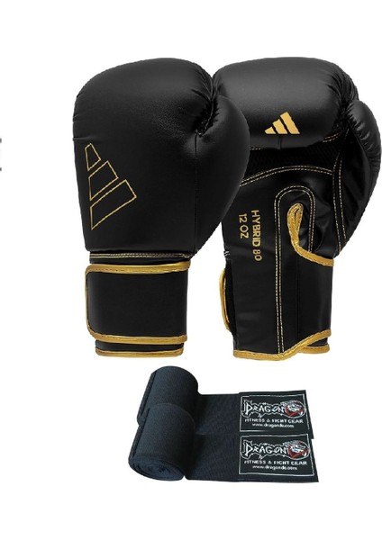 ADIH80 (HYBRID80) Boks Eldiveni ve Dragondo Boks Bandajı 2'li Set Siyah Altın, Gifttoom