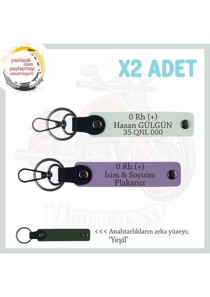 Otomobil Sahipleri Için Isim Plaka ve 0 Rh (+) Kan Grubu Yazılı 2' Li Anahtarlık Set, Mor-Bordo-Ysl